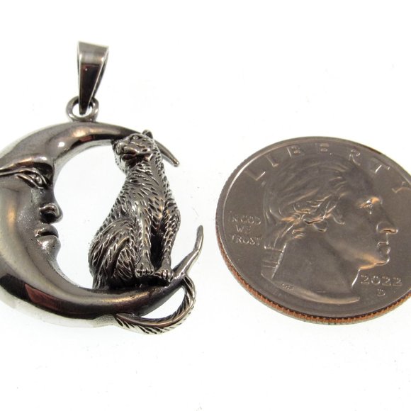 Solid 925 Sterling Silver Cat Familiar on Crescent Moon Pendant, Witchy Jewelry - Picture 5 of 8